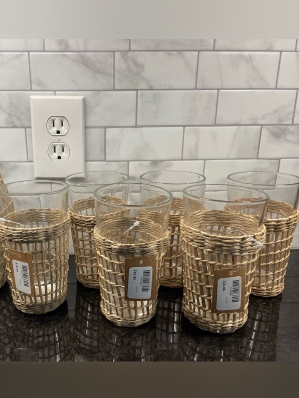 Set of 6 Seagrass Wicker Wrapped 16oz Pint Glasses